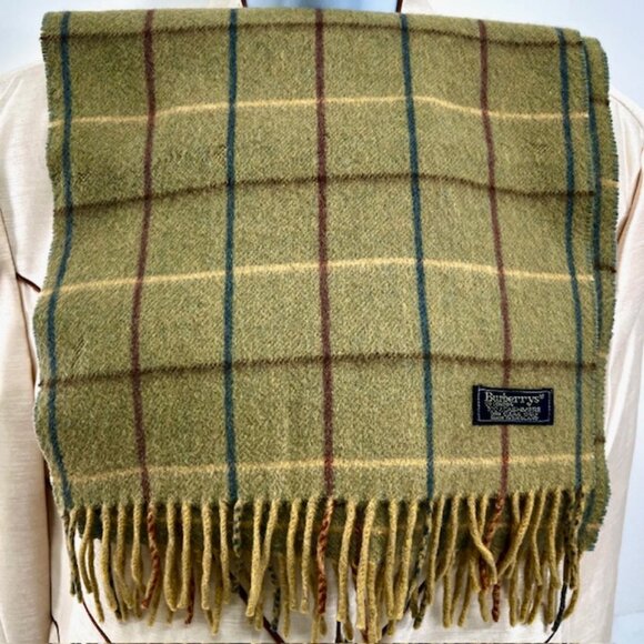 Vintage-Burberrys of London Men/Women   100% Cashmere Olive Checked  68"x12" (5 - Picture 3 of 10